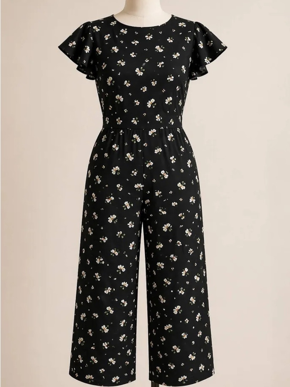 LOFT Black Floral Flutter-Sleeve Wide-Leg Jumpsuit